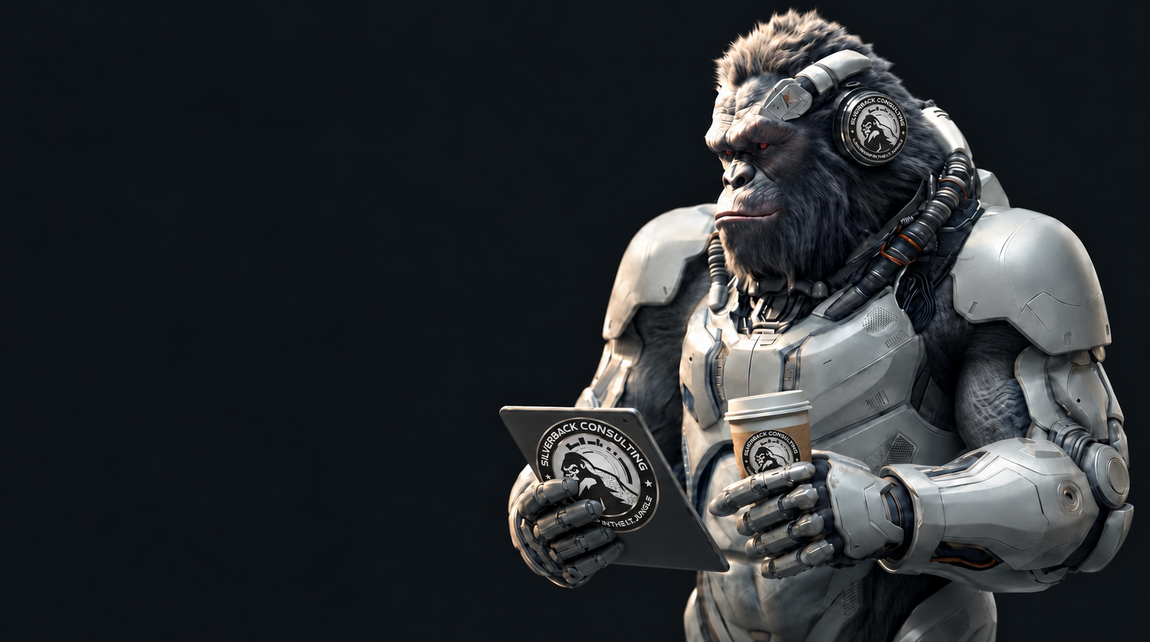 Silverback Consulting armored gorilla looking left, holding a tablet and coffee