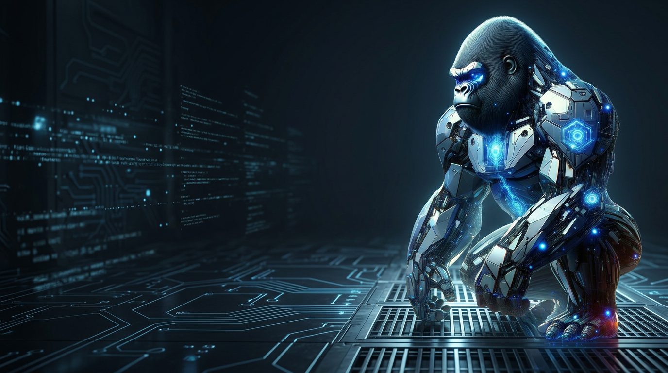 Digital silverback gorilla with chrome armor and glowing blue circuitry